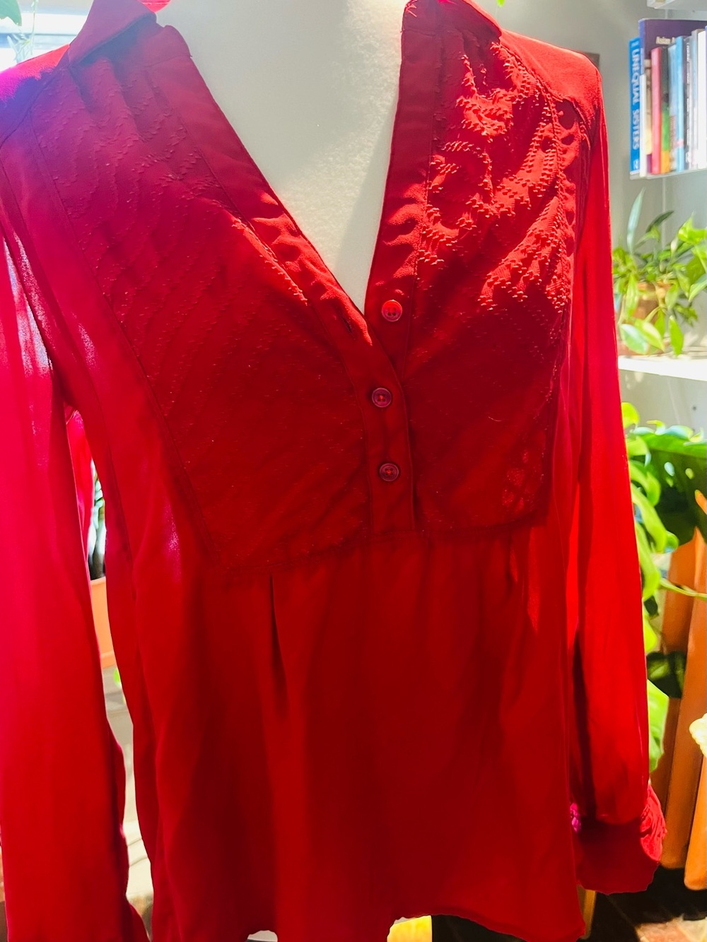 Maeve Red V-Neck Button-Front Blouse with front detail